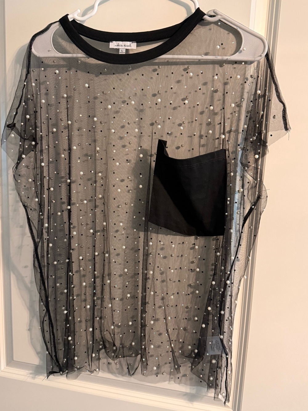 white birch Black Sheer Mesh Short Sleeve Tee with Embellished Dots and Pocket
